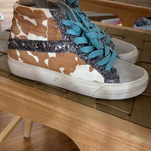 Womens High-Top Cowhide Sneakers with Glitter Accents